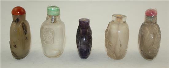 Five Chinese quartz snuff bottles, late 19th / 20th century, 5.3cm - 6.3cm